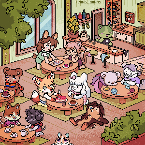 Scene of a Cafe interior with many characters