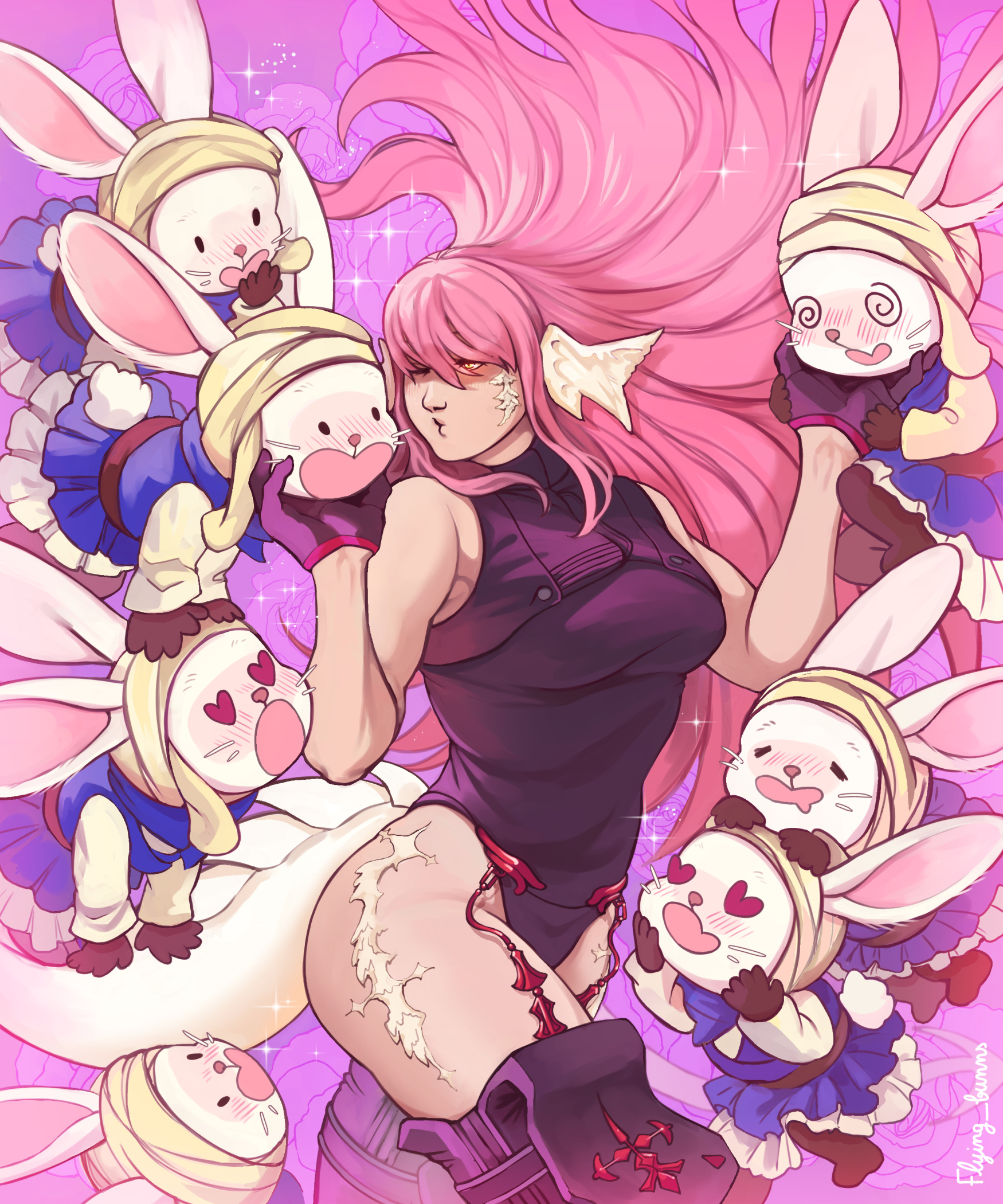 Drawing of a woman with pink hair and draconic features ; she is surrounded by Loporrits giving her attention.