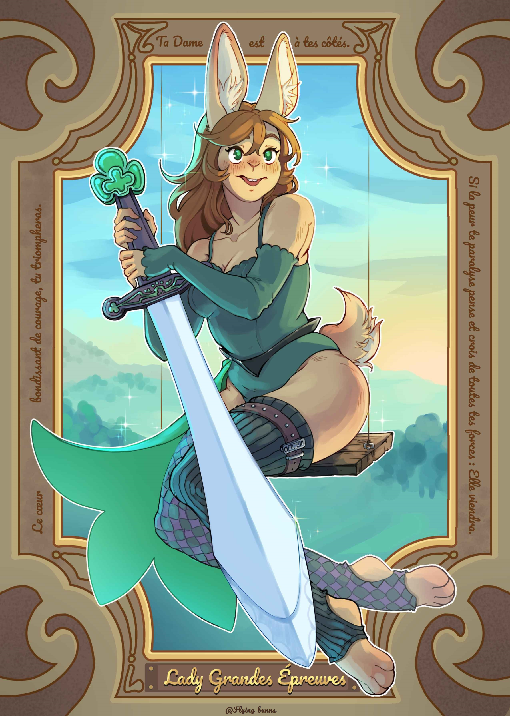 A drawing of a woman with rabbit features : nose, ears and slight fur. A text reads : 'Lady Grandes Epreuves'